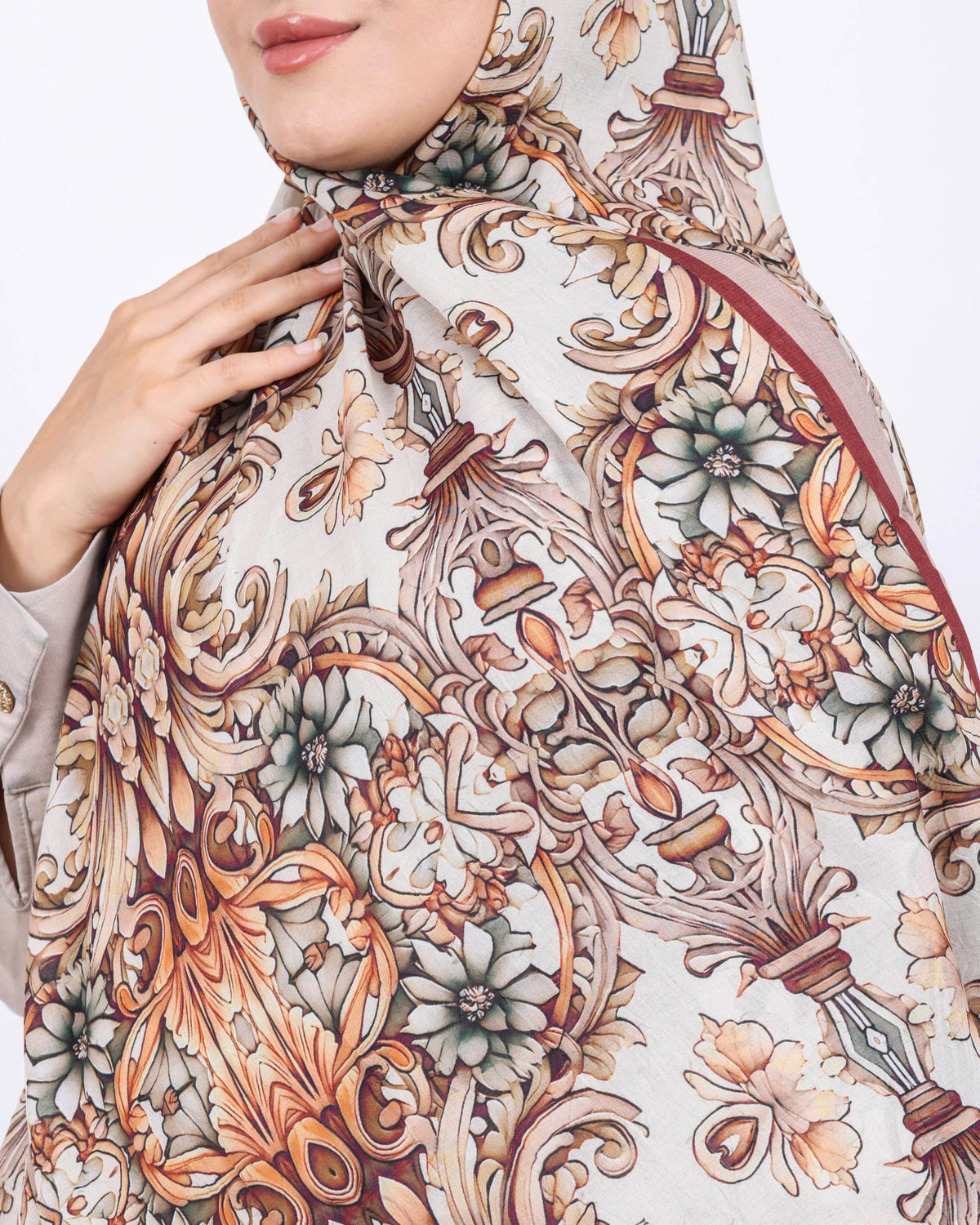 Soft Bambu Kraş Şal D040 Bej, çiçekli desenli, 75 × 185 cm şal – görsel 4