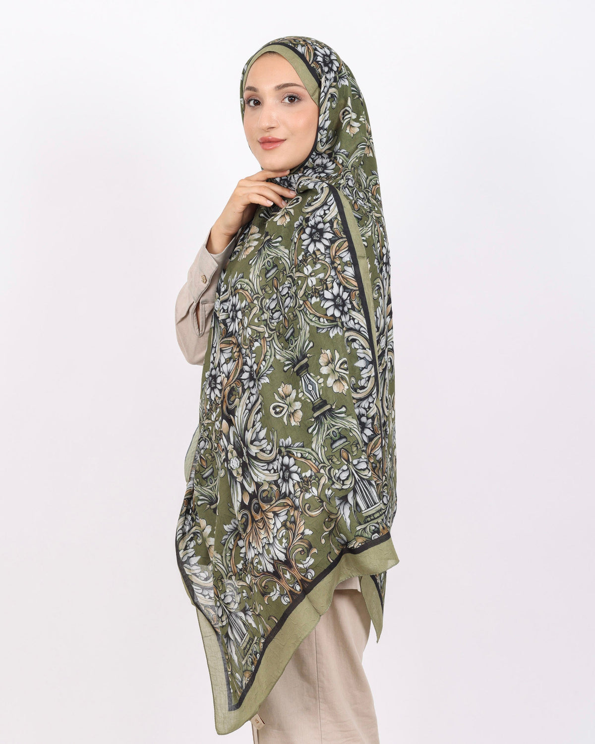 Soft Bambu Kraş Şal D040 Zeytin Yeşili, çiçekli desenli, 75 × 185 cm şal – görsel 1
