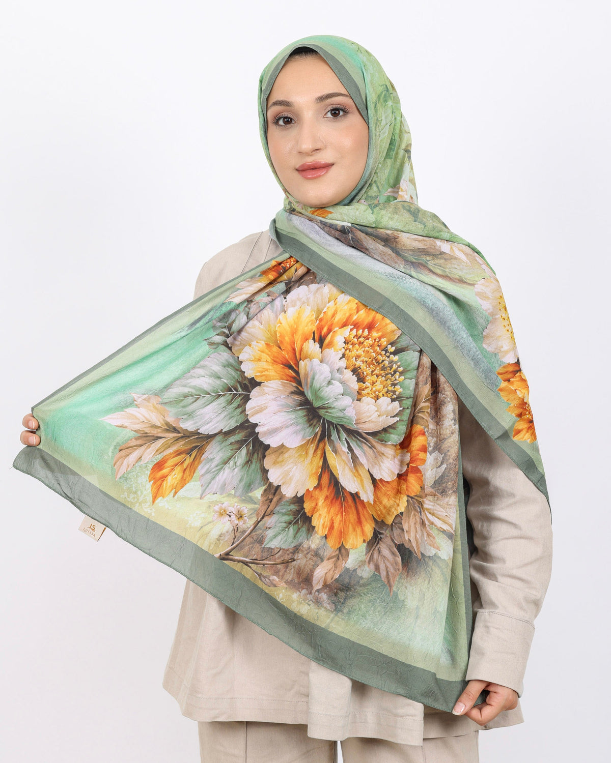 Soft Bambu Kraş Şal D041 Su Yeşili, çiçekli desenli, 75 × 185 cm şal – görsel 3