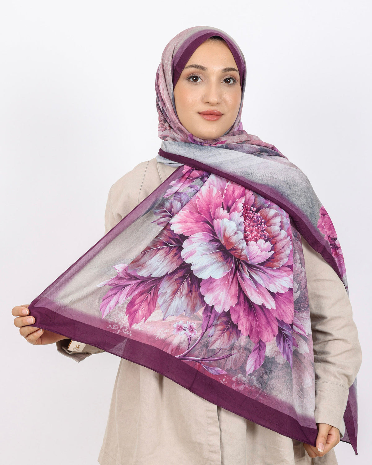 Soft Bambu Kraş Şal D041 Mürdüm, çiçekli desenli, 75 × 185 cm şal – görsel 3