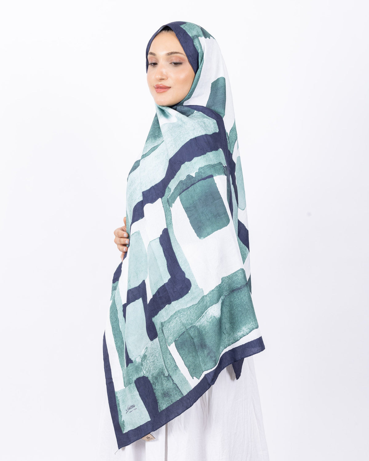 Mikro Bambu Kraş Şal D026 Lacivert Mint Yeşili, 75 × 185 cm şal – görsel 3