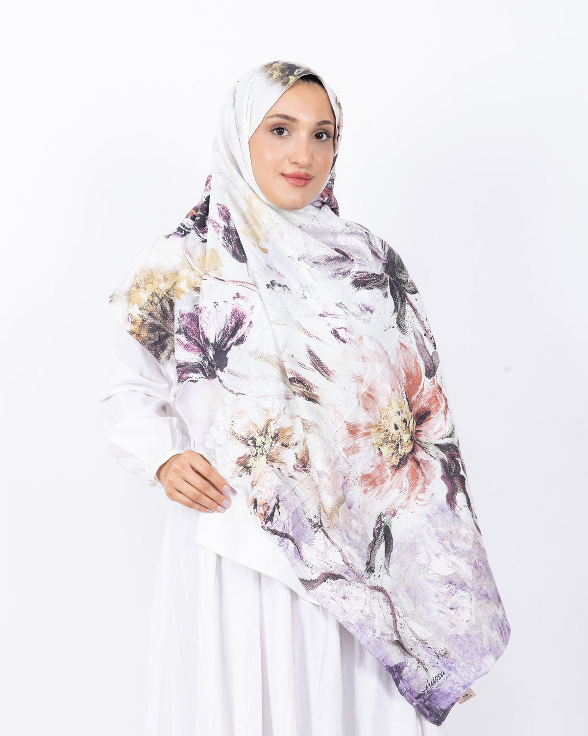 Mikro Bambu Kraş Şal D032 Beyaz-Lila, çiçekli desenli, 75 × 185 cm şal – görsel 2