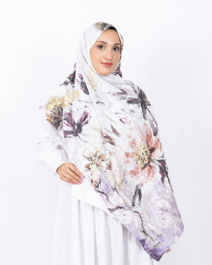 Mikro Bambu Kraş Şal D032 Beyaz-Lila, çiçekli desenli, 75 × 185 cm şal – görsel 2