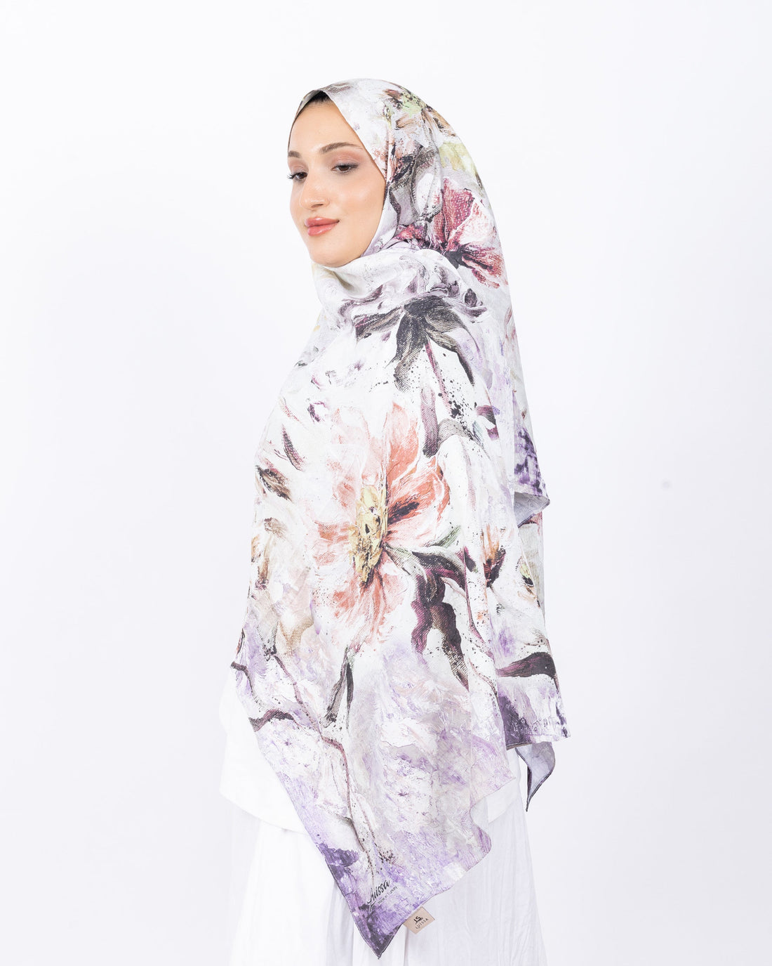 Mikro Bambu Kraş Şal D032 Beyaz-Lila, çiçekli desenli, 75 × 185 cm şal – görsel 1