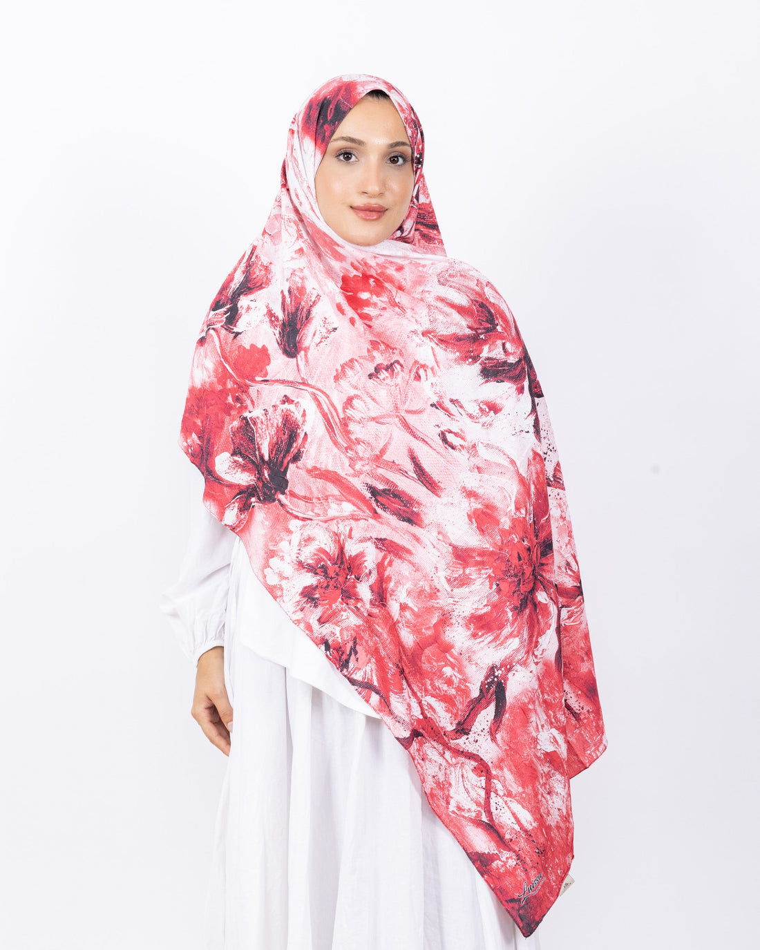 Mikro Bambu Kraş Şal D032 Kırmızı-Beyaz, çiçekli desenli, 75 × 185 cm şal – görsel 2