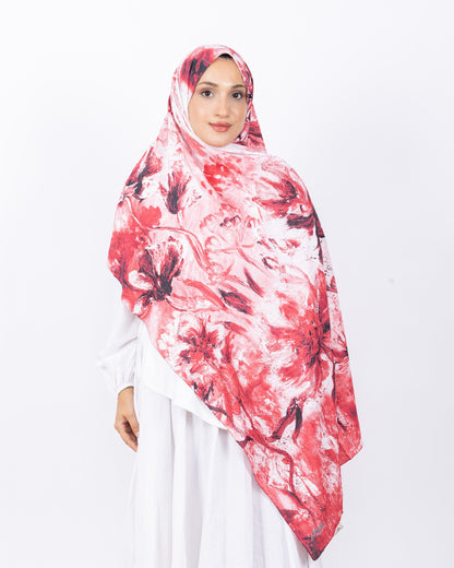 Mikro Bambu Kraş Şal D032 Kırmızı-Beyaz, çiçekli desenli, 75 × 185 cm şal – görsel 2