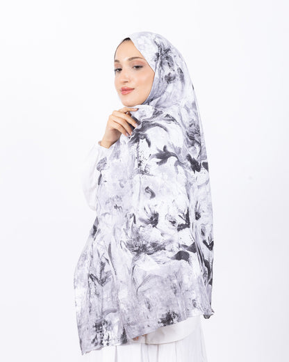 Mikro Bambu Kraş Şal D032 Beyaz-Gri, çiçekli desenli, 75 × 185 cm şal – görsel 2