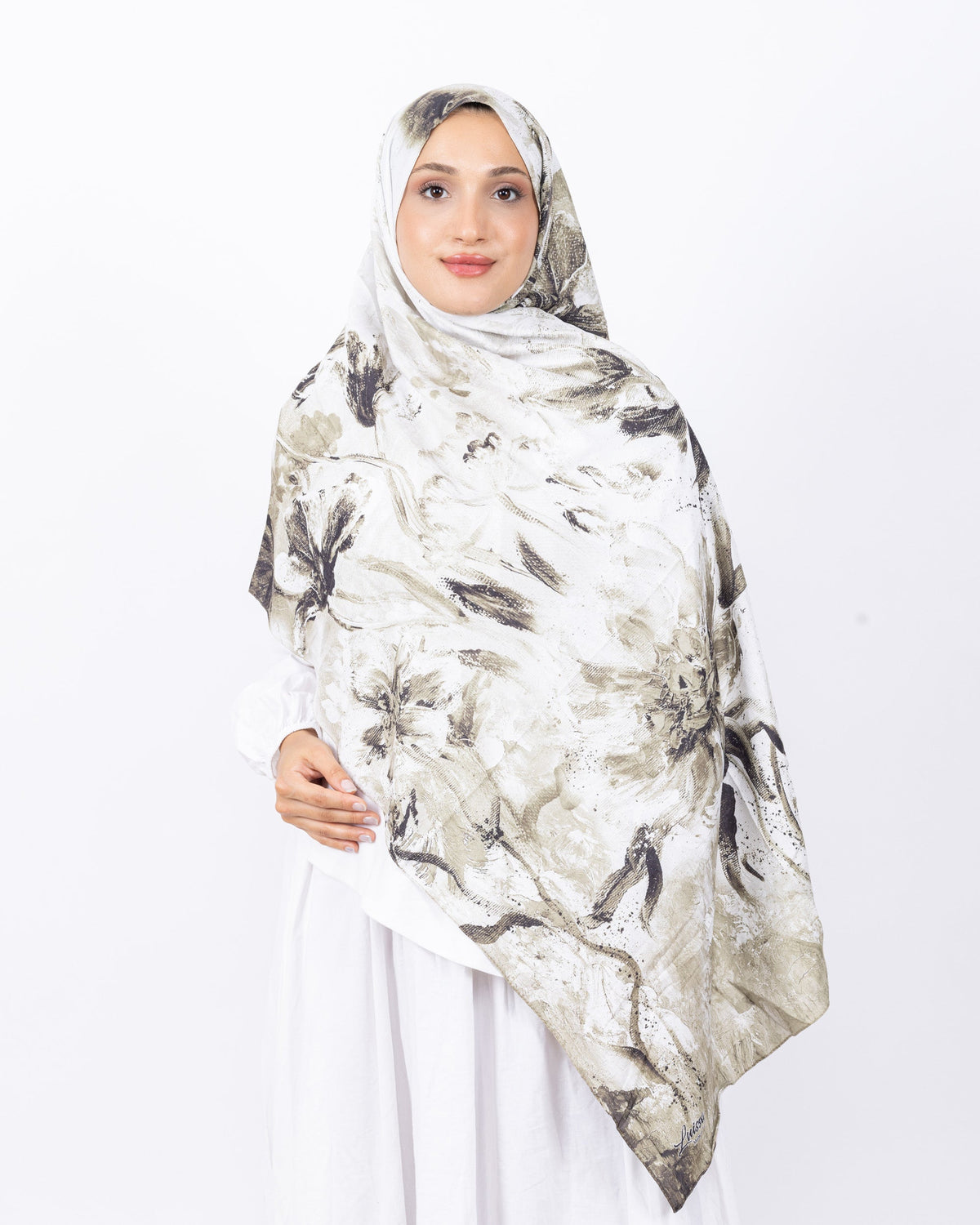 Mikro Bambu Kraş Şal D032 Haki-Beyaz, çiçekli desenli, 75 × 185 cm şal – görsel 1