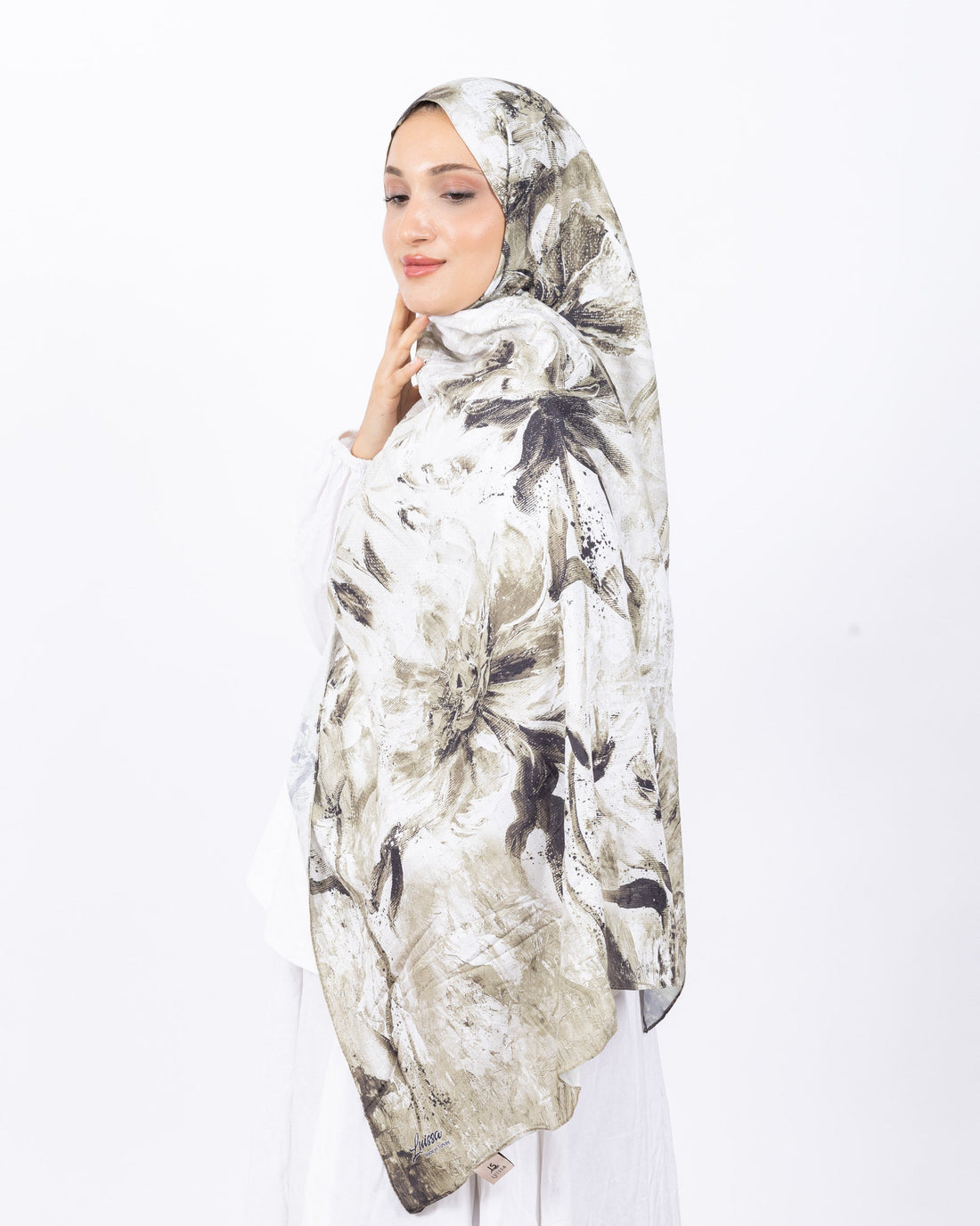 Mikro Bambu Kraş Şal D032 Haki-Beyaz, çiçekli desenli, 75 × 185 cm şal – görsel 2