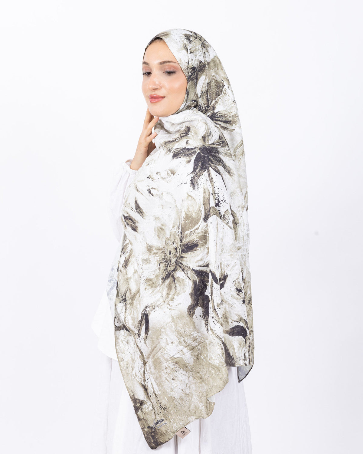 Mikro Bambu Kraş Şal D032 Haki-Beyaz, çiçekli desenli, 75 × 185 cm şal – görsel 2
