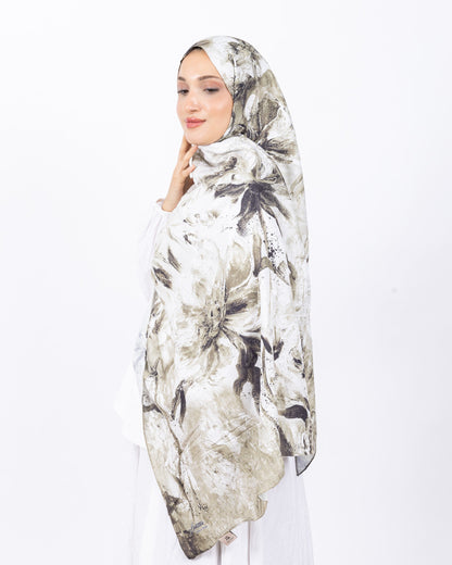 Mikro Bambu Kraş Şal D032 Haki-Beyaz, çiçekli desenli, 75 × 185 cm şal – görsel 2