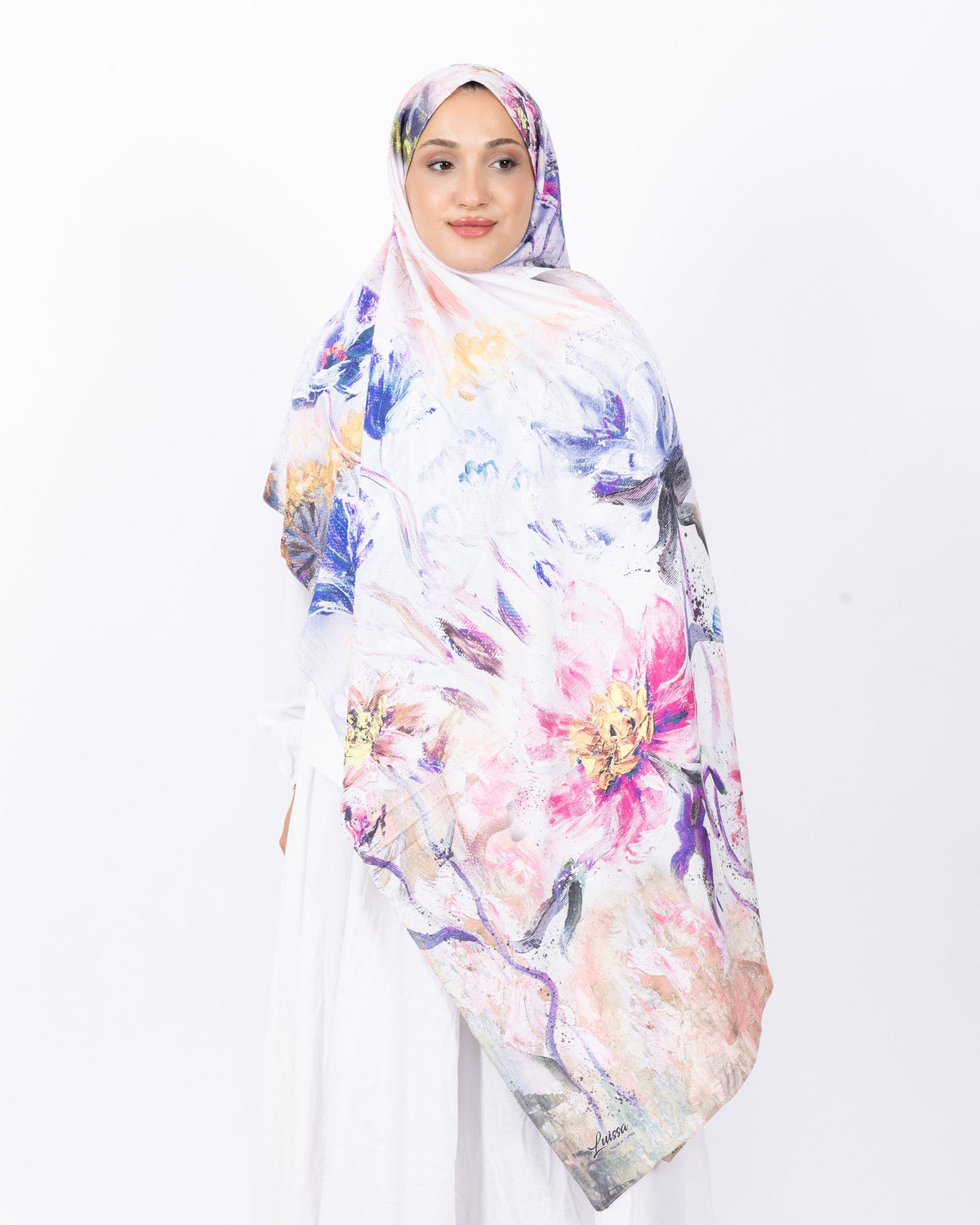 Mikro Bambu Kraş Şal D032 Lila-Fuşya, çiçekli desenli, 75 × 185 cm şal – görsel 2