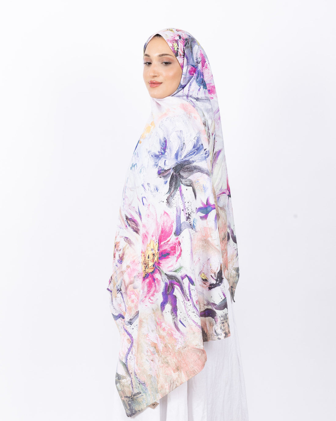 Mikro Bambu Kraş Şal D032 Lila-Fuşya, çiçekli desenli, 75 × 185 cm şal – görsel 1
