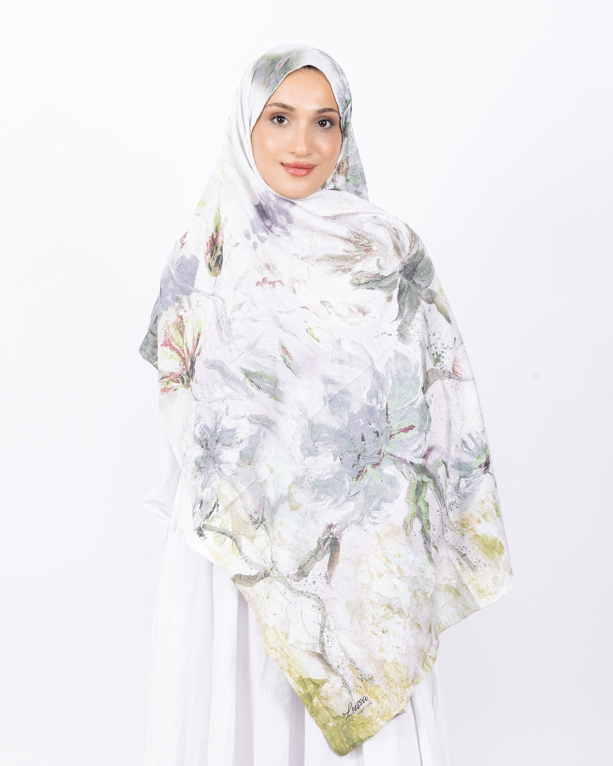 Mikro Bambu Kraş Şal D032 Yeşil-Gri, çiçekli desenli, 75 × 185 cm şal – görsel 1
