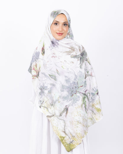 Mikro Bambu Kraş Şal D032 Yeşil-Gri, çiçekli desenli, 75 × 185 cm şal – görsel 1