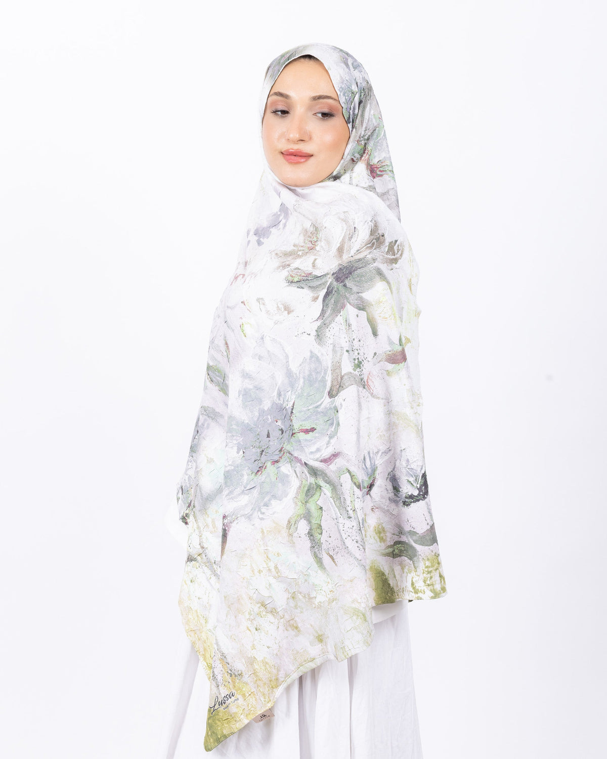 Mikro Bambu Kraş Şal D032 Yeşil-Gri, çiçekli desenli, 75 × 185 cm şal – görsel 2