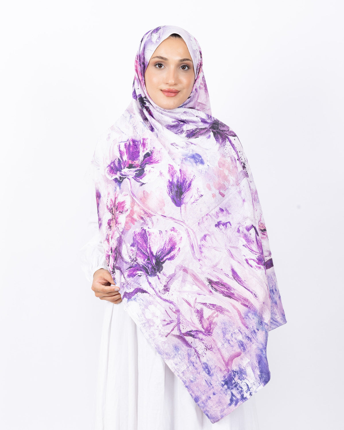 Mikro Bambu Kraş Şal D032 Beyaz-Mor, çiçekli desenli, 75 × 185 cm şal – görsel 2