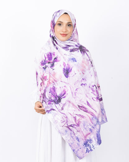 Mikro Bambu Kraş Şal D032 Beyaz-Mor, çiçekli desenli, 75 × 185 cm şal – görsel 2