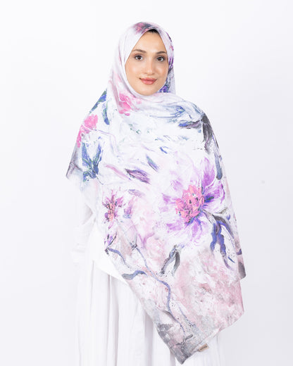 Mikro Bambu Kraş Şal D032 Lila-Beyaz, Lila-Bej renk, çiçekli desenli, 75 × 185 cm şal – görsel 1