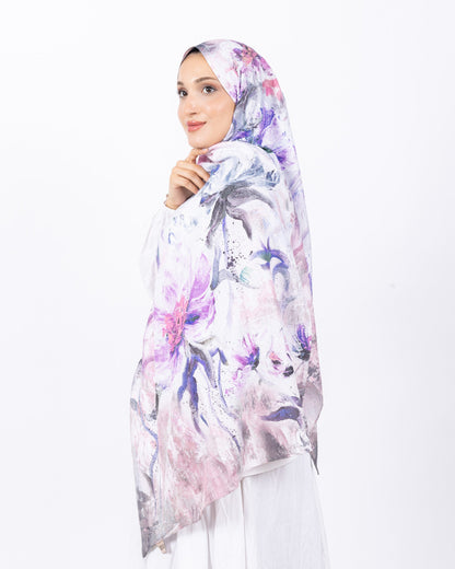 Mikro Bambu Kraş Şal D032 Lila-Beyaz, Lila-Bej renk, çiçekli desenli, 75 × 185 cm şal – görsel 2