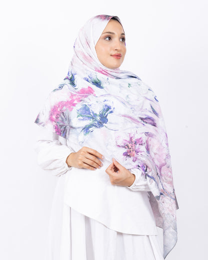 Mikro Bambu Kraş Şal D032 Lila-Beyaz, Lila-Bej renk, çiçekli desenli, 75 × 185 cm şal – görsel 3