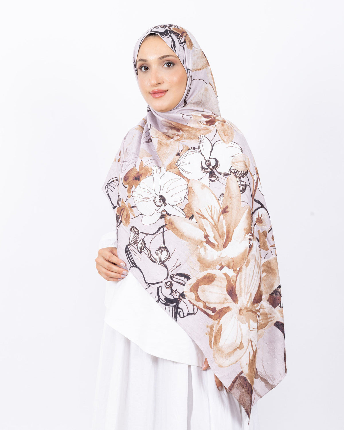 Mikro Bambu Kraş Şal D031 Vizon, çiçekli desenli, 75 × 185 cm şal – görsel 2