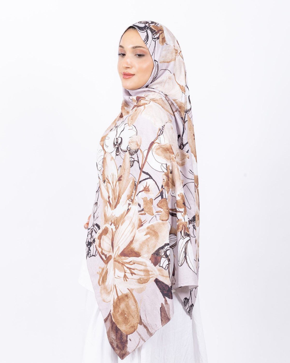 Mikro Bambu Kraş Şal D031 Vizon, çiçekli desenli, 75 × 185 cm şal – görsel 3