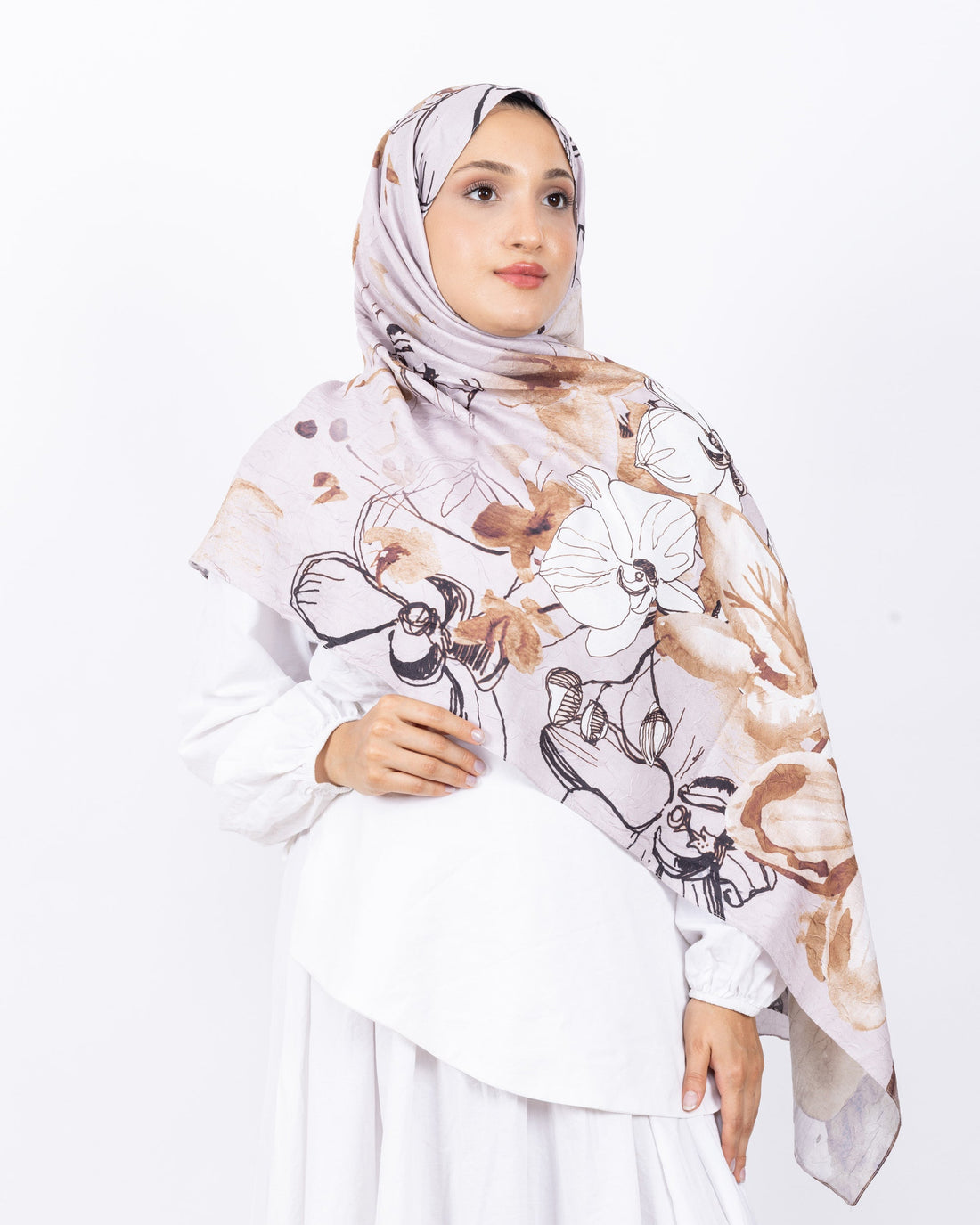 Mikro Bambu Kraş Şal D031 Vizon, çiçekli desenli, 75 × 185 cm şal – görsel 1