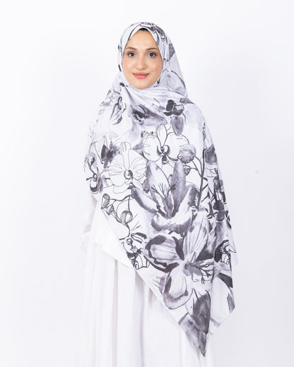 Mikro Bambu Kraş Şal D031 Beyaz-Gri, çiçekli desenli, 75 × 185 cm şal – görsel 2