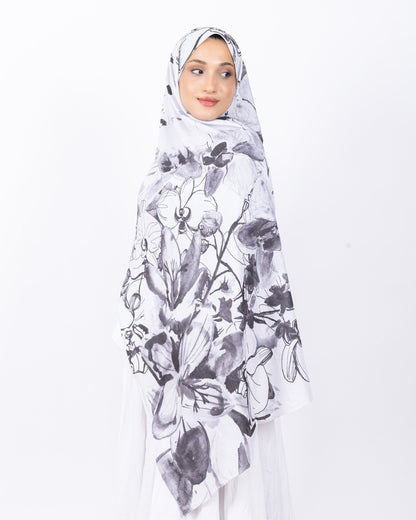 Mikro Bambu Kraş Şal D031 Beyaz-Gri, çiçekli desenli, 75 × 185 cm şal – görsel 3