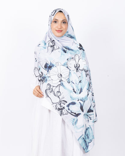 Mikro Bambu Kraş Şal D031 Beyaz Mint Yeşili, çiçekli desenli, 75 × 185 cm şal – görsel 2