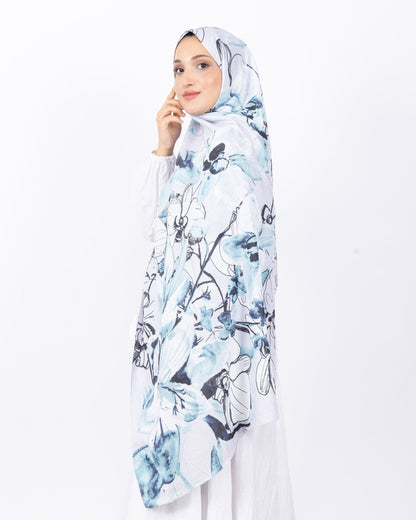 Mikro Bambu Kraş Şal D031 Beyaz Mint Yeşili, çiçekli desenli, 75 × 185 cm şal – görsel 3