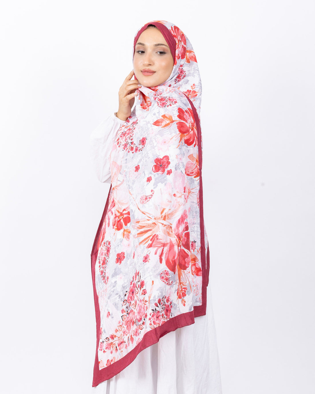 Mikro Bambu Kraş Şal D029 Açık Bordo, çiçekli desenli, 75 × 185 cm şal – görsel 1