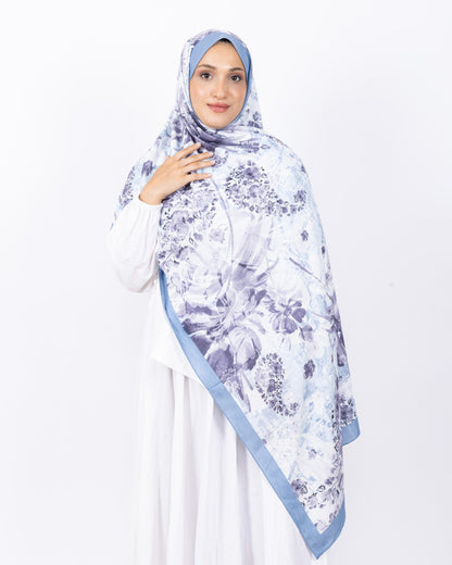 Mikro Bambu Kraş Şal D029 Mavi, çiçekli desenli, 75 × 185 cm şal – görsel 2