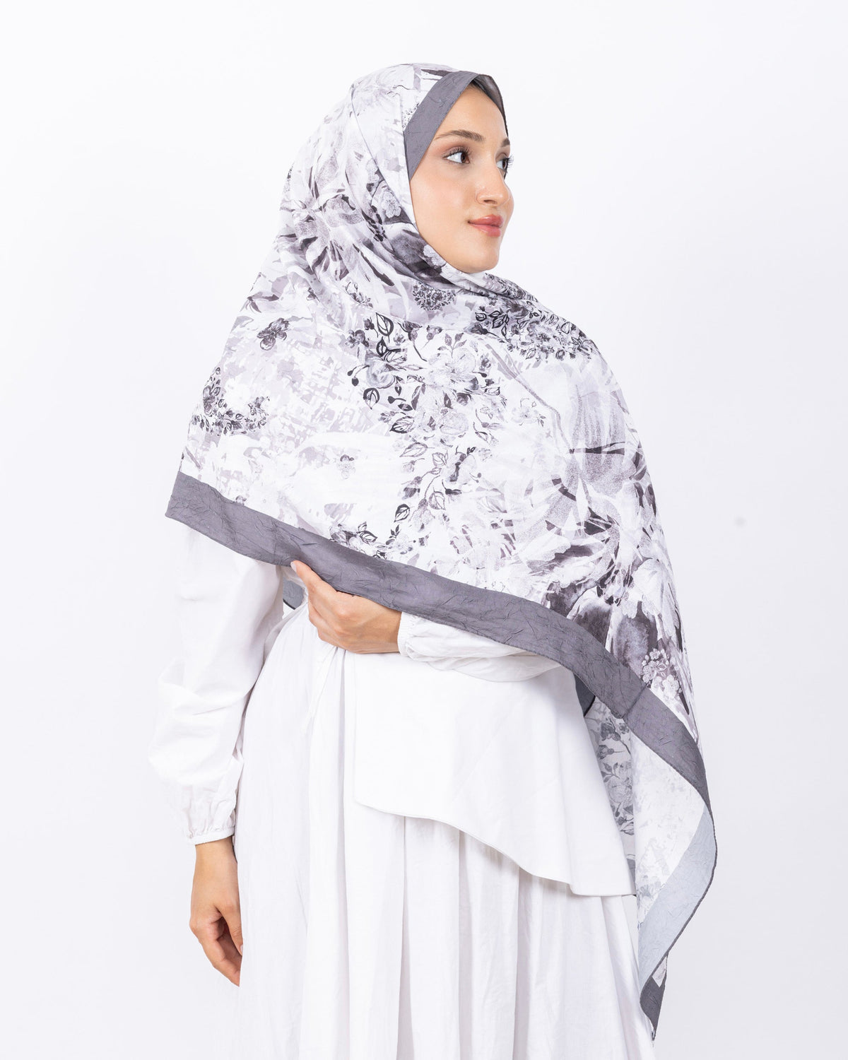 Mikro Bambu Kraş Şal D029 Vizon, çiçekli desenli, 75 × 185 cm şal – görsel 1
