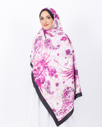 Mikro Bambu Kraş Şal D029 Siyah-Fuşya, çiçekli desenli, 75 × 185 cm şal – görsel 1