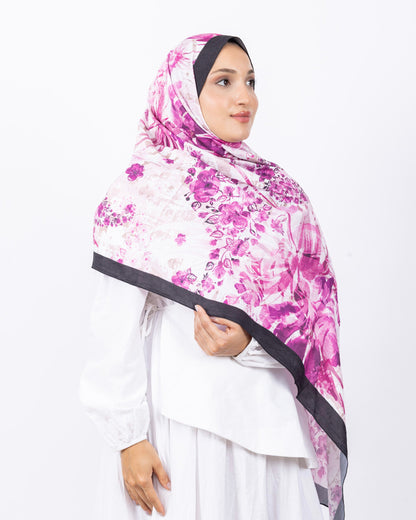 Mikro Bambu Kraş Şal D029 Siyah-Fuşya, çiçekli desenli, 75 × 185 cm şal – görsel 3