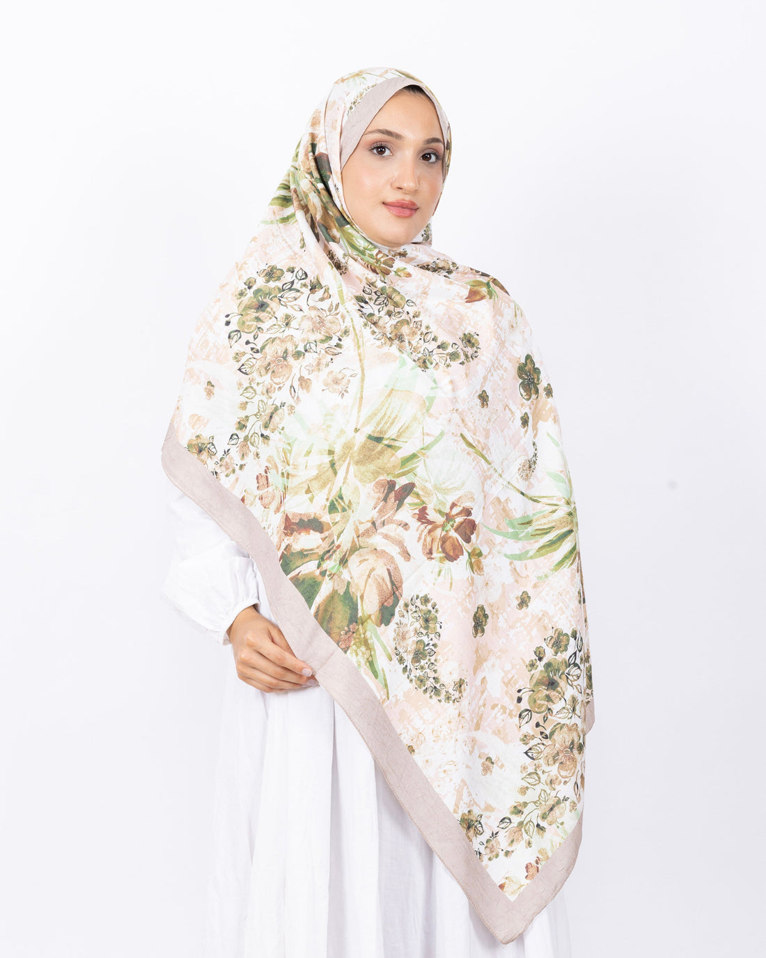 Mikro Bambu Kraş Şal D029 Bej, çiçekli desenli, 75 × 185 cm şal – görsel 1
