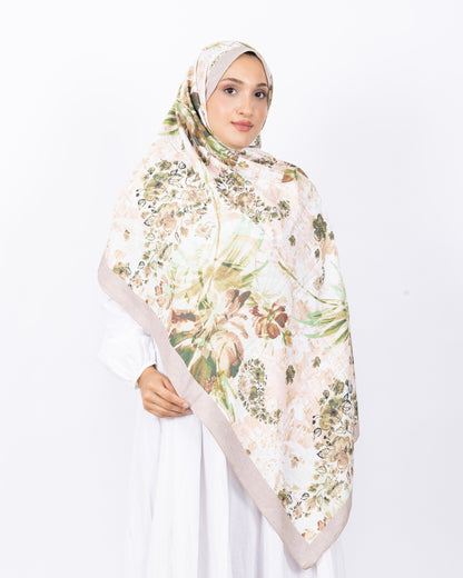 Mikro Bambu Kraş Şal D029 Bej, çiçekli desenli, 75 × 185 cm şal – görsel 1
