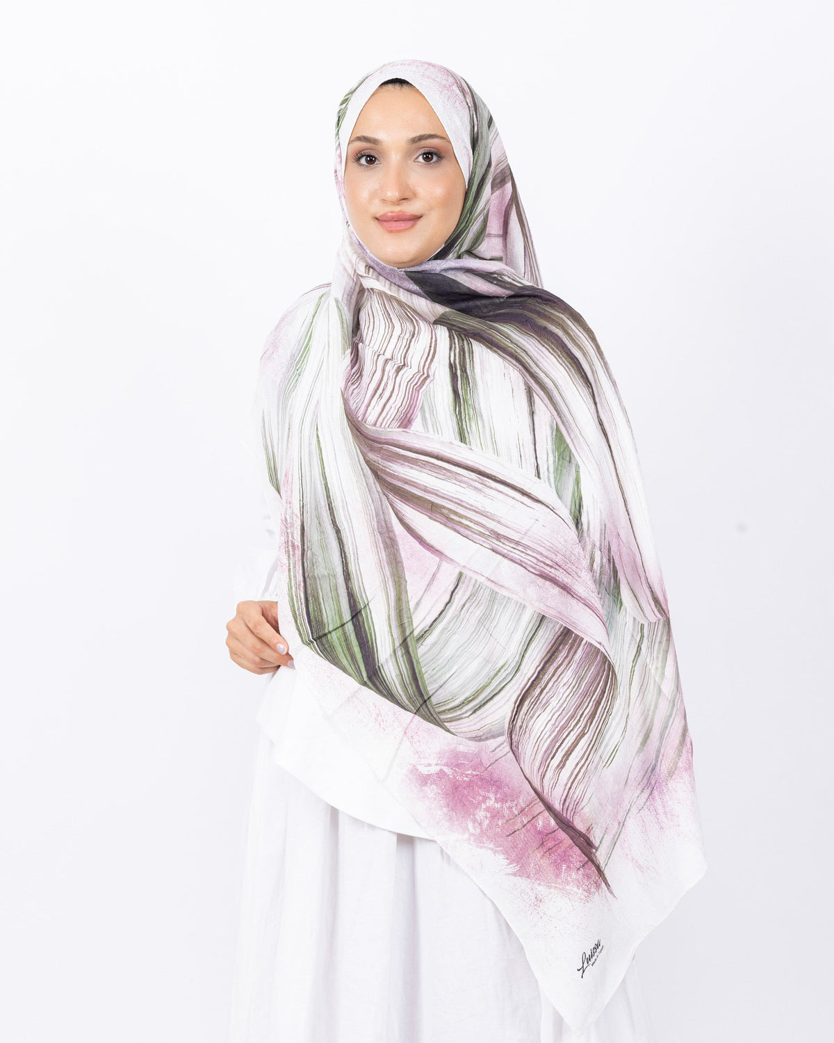 Mikro Bambu Kraş Şal D035 Haki Yeşili Pembe, 75 × 185 cm şal – görsel 2