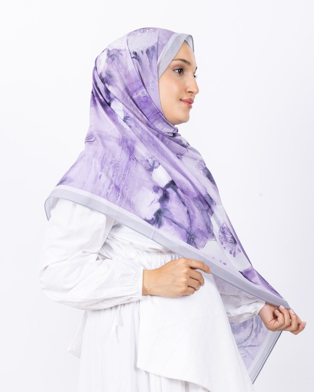 Fransız İpeği D018 Gri-Lila, çiçekli desenli, 75 × 185 cm şal – görsel 1
