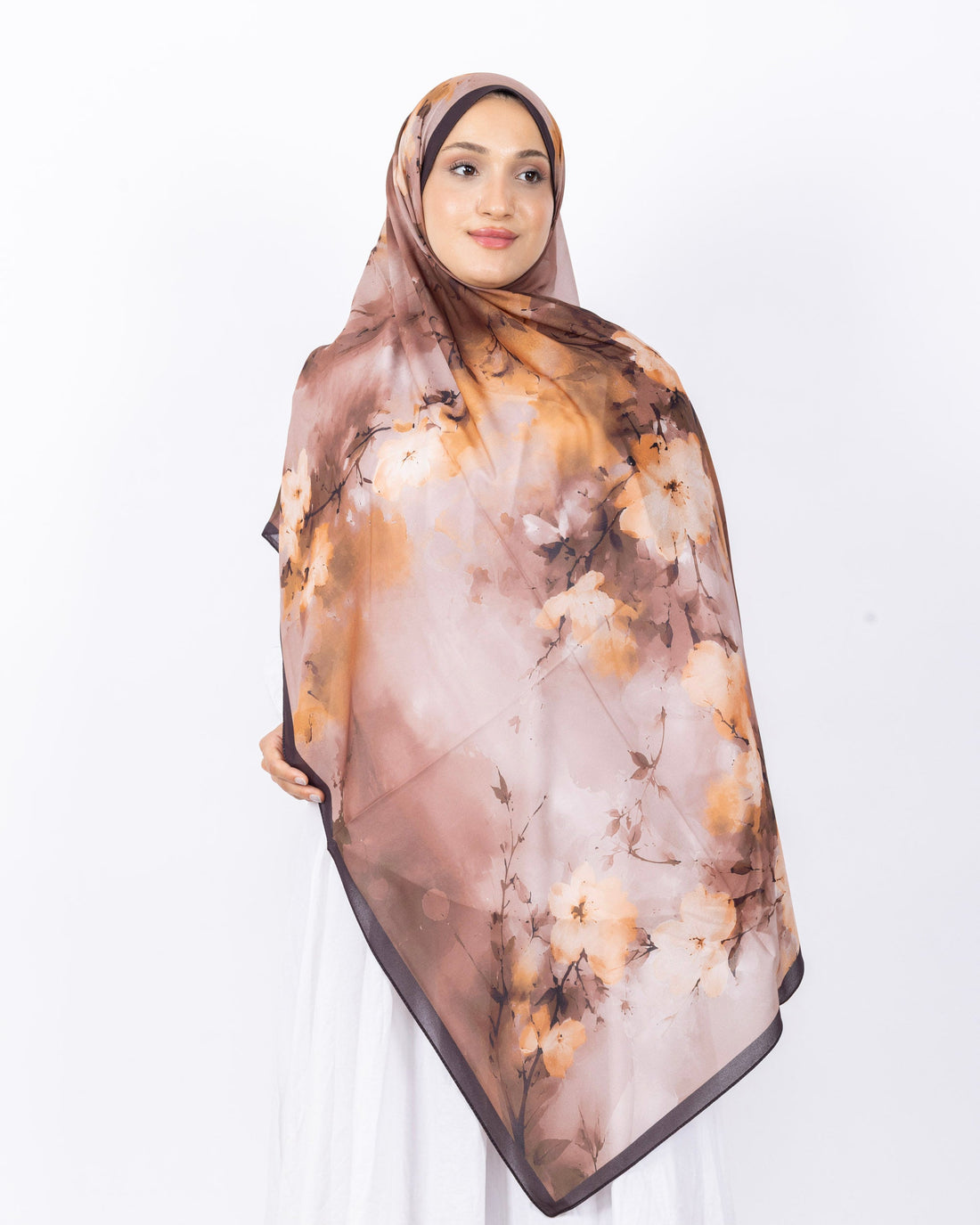 Fransız İpeği D017 Kahverengi, çiçekli desenli, 75 × 185 cm şal – görsel 2