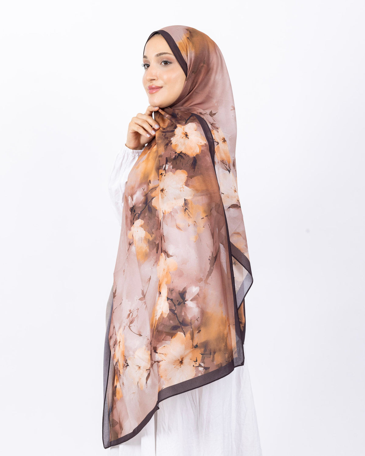 Fransız İpeği D017 Kahverengi, çiçekli desenli, 75 × 185 cm şal – görsel 3