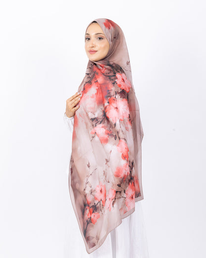 Fransız İpeği D017 Açık Vizon, çiçekli desenli, 75 × 185 cm şal – görsel 1