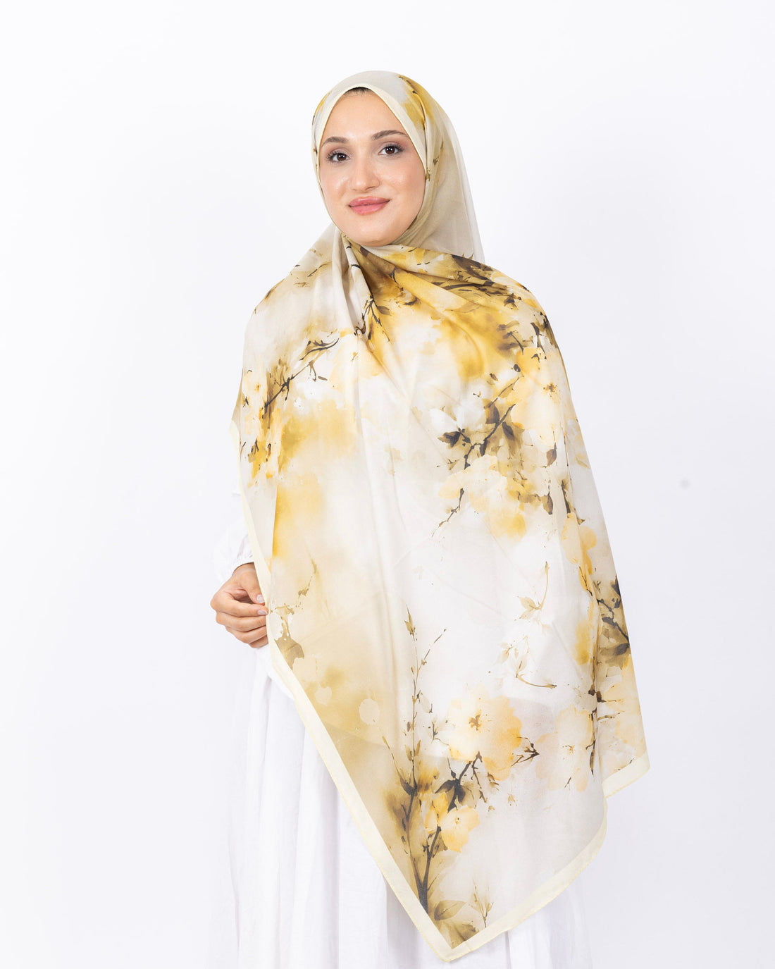Fransız İpeği D017 Sarı, çiçekli desenli, 75 × 185 cm şal – görsel 2