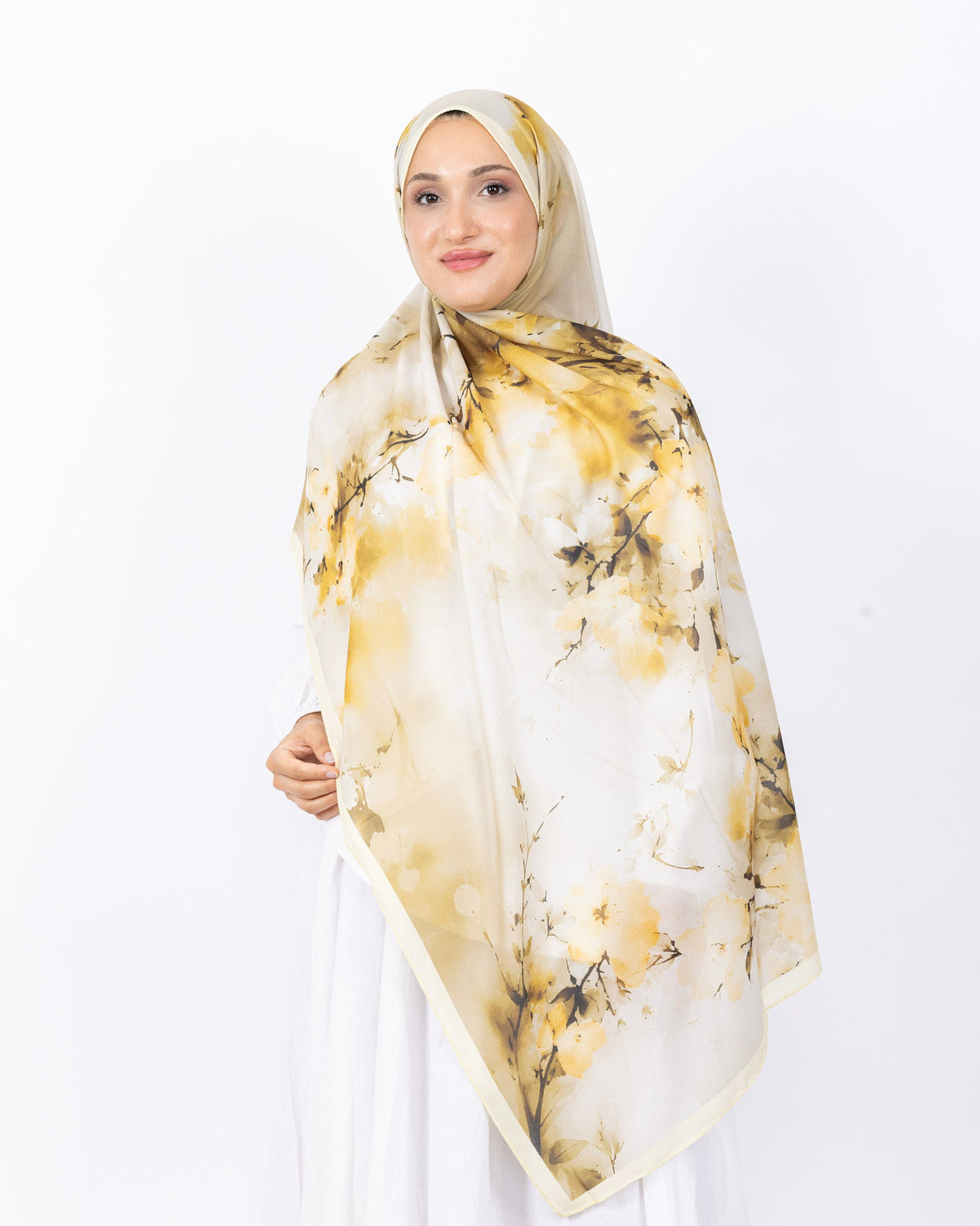 Fransız İpeği D017 Sarı, çiçekli desenli, 75 × 185 cm şal – görsel 2