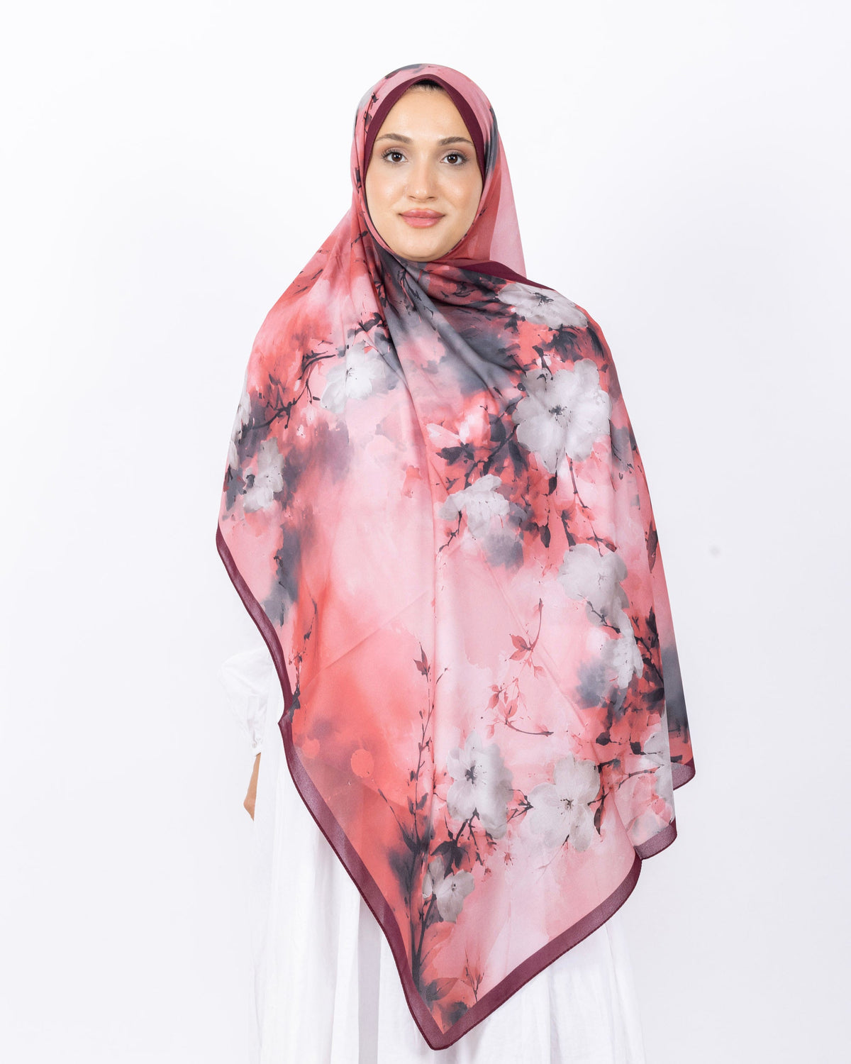 Fransız İpeği D017 Mürdüm, çiçekli desenli, 75 × 185 cm şal – görsel 2