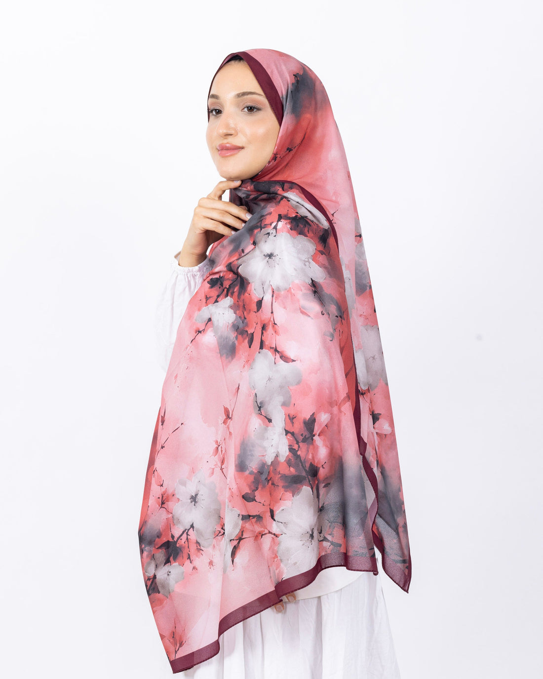 Fransız İpeği D017 Mürdüm, çiçekli desenli, 75 × 185 cm şal – görsel 1