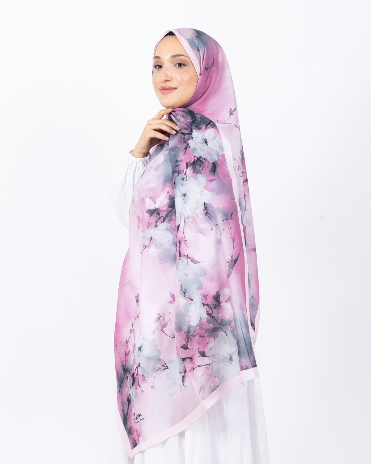 Fransız İpeği D017 Pembe, çiçekli desenli, 75 × 185 cm şal – görsel 3