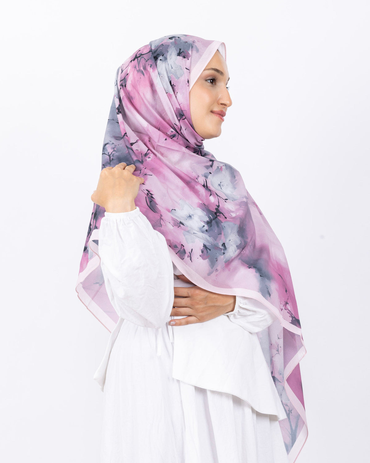 Fransız İpeği D017 Pembe, çiçekli desenli, 75 × 185 cm şal – görsel 4
